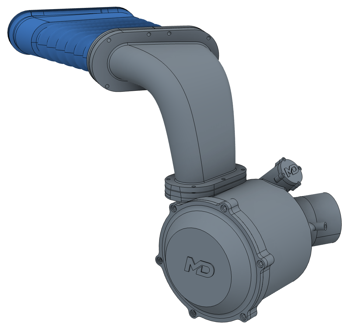 CAD model showing a curved duct connected to a cylindrical housing with bolted flanges